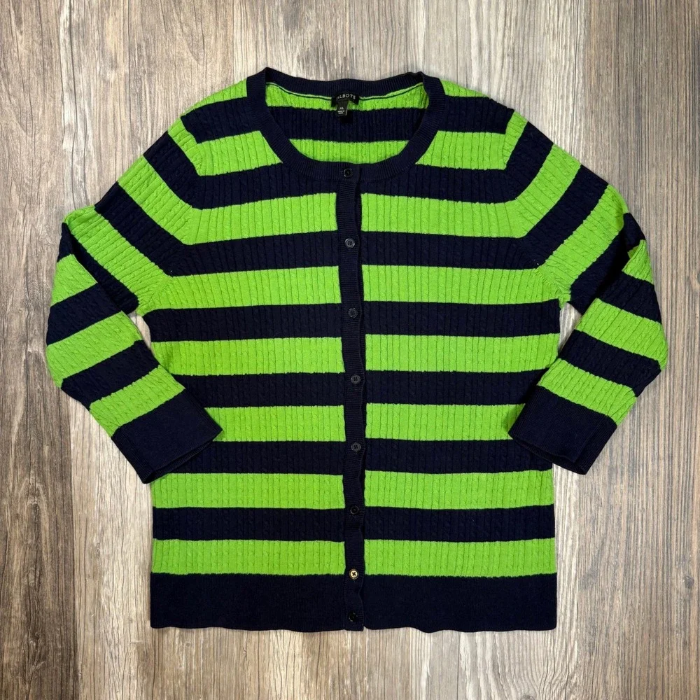 Talbots XL Nautical Prep Navy Blue Lime Green Striped Cable Knit Cotton Cardigan